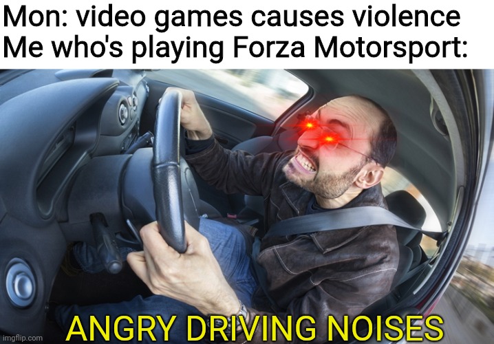 Angry driving noises | Mon: video games causes violence
Me who's playing Forza Motorsport:; ANGRY DRIVING NOISES | image tagged in angry driver,memes,forza,driving,video games | made w/ Imgflip meme maker