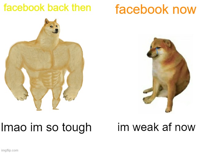 Buff Doge vs. Cheems Meme | facebook back then; facebook now; lmao im so tough; im weak af now | image tagged in memes,buff doge vs cheems | made w/ Imgflip meme maker