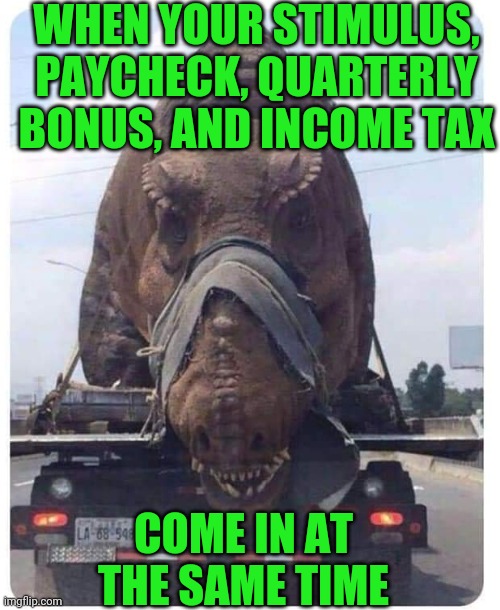 Trex jurassic park | WHEN YOUR STIMULUS, PAYCHECK, QUARTERLY BONUS, AND INCOME TAX; COME IN AT THE SAME TIME | image tagged in trex jurassic park | made w/ Imgflip meme maker