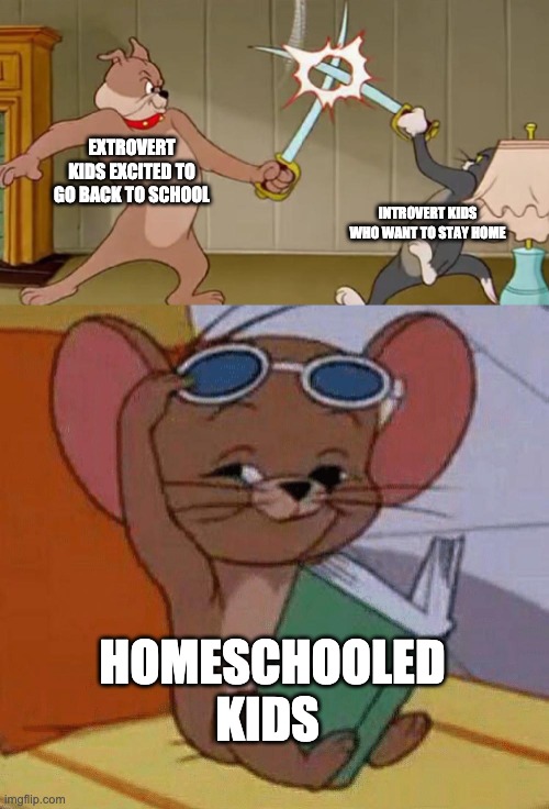Homeschooled kids have it all | EXTROVERT KIDS EXCITED TO GO BACK TO SCHOOL; INTROVERT KIDS WHO WANT TO STAY HOME; HOMESCHOOLED KIDS | image tagged in tom and jerry swordfight | made w/ Imgflip meme maker