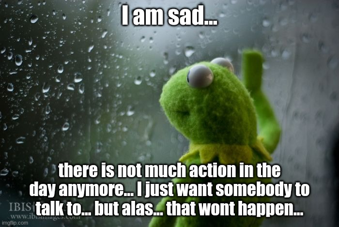 ?? | I am sad... there is not much action in the day anymore... I just want somebody to talk to... but alas... that wont happen... | image tagged in kermit window,sad | made w/ Imgflip meme maker