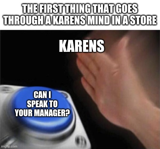 karens... | THE FIRST THING THAT GOES THROUGH A KARENS MIND IN A STORE; KARENS; CAN I SPEAK TO YOUR MANAGER? | image tagged in memes,blank nut button | made w/ Imgflip meme maker