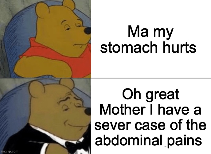 Brother vs Brother | Ma my stomach hurts; Oh great Mother I have a sever case of the abdominal pains | image tagged in memes,tuxedo winnie the pooh,funny | made w/ Imgflip meme maker