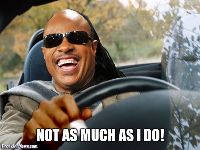 Stevie Wonder Driving | NOT AS MUCH AS I DO! | image tagged in stevie wonder driving | made w/ Imgflip meme maker