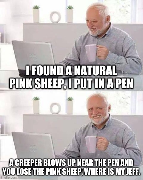 this happened to me yesterday | I FOUND A NATURAL PINK SHEEP, I PUT IN A PEN; A CREEPER BLOWS UP NEAR THE PEN AND YOU LOSE THE PINK SHEEP, WHERE IS MY JEFF. | image tagged in memes,hide the pain harold | made w/ Imgflip meme maker