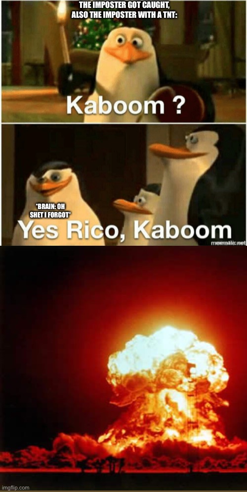 Kaboom? Yes Rico, Kaboom. | THE IMPOSTER GOT CAUGHT,
ALSO THE IMPOSTER WITH A TNT:; *BRAIN: OH SHET I FORGOT* | image tagged in kaboom yes rico kaboom | made w/ Imgflip meme maker