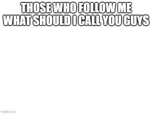 i want to call you something also im imgflipkiddiego | THOSE WHO FOLLOW ME WHAT SHOULD I CALL YOU GUYS | image tagged in blank white template | made w/ Imgflip meme maker