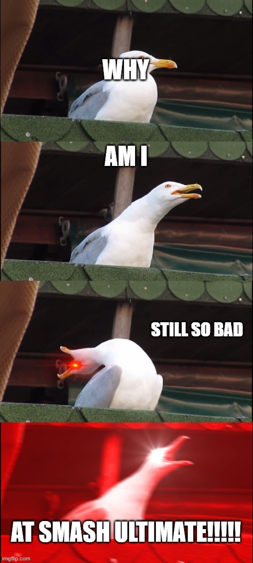 Is anyone else still hitting in the wrong direction and throwing stray hits after more than 1,000 games? | WHY; AM I; STILL SO BAD; AT SMASH ULTIMATE!!!!! | image tagged in memes,inhaling seagull | made w/ Imgflip meme maker