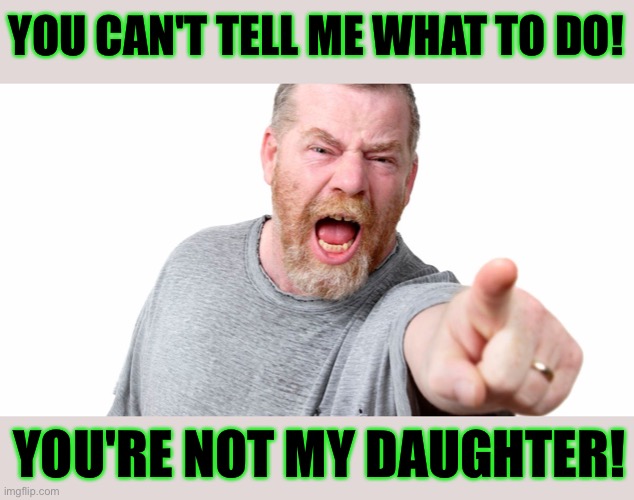 You can't tell me what to do - you're not my daughter | YOU CAN'T TELL ME WHAT TO DO! YOU'RE NOT MY DAUGHTER! | image tagged in funny,meme,memes,funny memes,dad,daughter | made w/ Imgflip meme maker