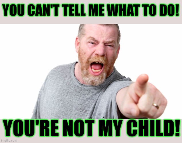 You can't tell me what to do - You're not my child | YOU CAN'T TELL ME WHAT TO DO! YOU'RE NOT MY CHILD! | image tagged in angry man shouting and pointing,funny,memes,meme,funny memes,dad | made w/ Imgflip meme maker