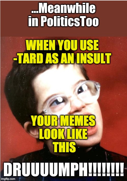 With thanks to the presumptive human who posted this on the politics stream. | WHEN YOU USE -TARD AS AN INSULT; YOUR MEMES 
LOOK LIKE 
THIS | image tagged in ableism,prejudice,insults | made w/ Imgflip meme maker