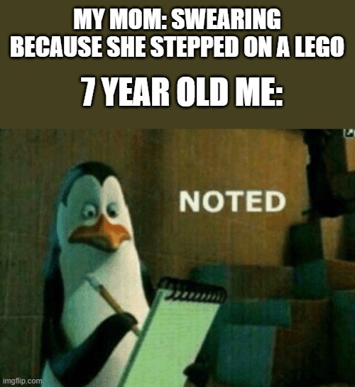 noted | MY MOM: SWEARING BECAUSE SHE STEPPED ON A LEGO; 7 YEAR OLD ME: | image tagged in noted | made w/ Imgflip meme maker
