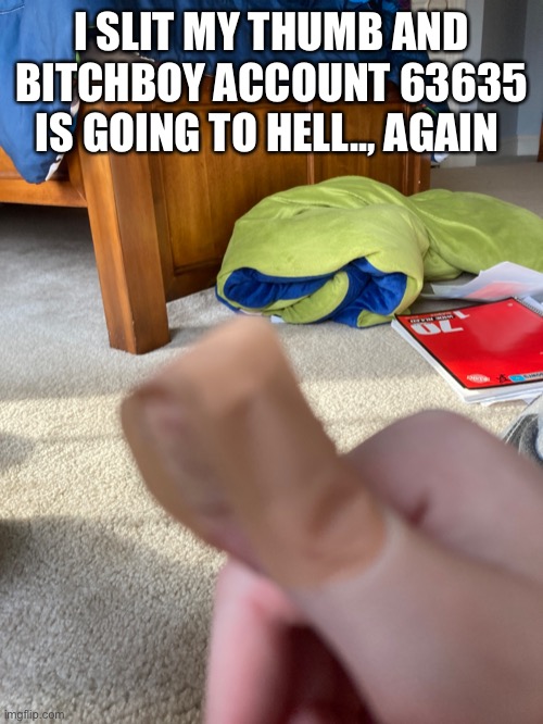 What a great day | I SLIT MY THUMB AND BITCHBOY ACCOUNT 63635 IS GOING TO HELL.., AGAIN | made w/ Imgflip meme maker