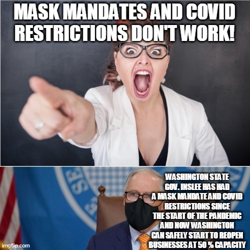 MASK MANDATES AND COVID RESTRICTIONS DON'T WORK! WASHINGTON STATE GOV. INSLEE HAS HAD A MASK MANDATE AND COVID RESTRICTIONS SINCE THE START OF THE PANDEMIC AND NOW WASHINGTON CAN SAFELY START TO REOPEN BUSINESSES AT 50 % CAPACITY | image tagged in angry karen | made w/ Imgflip meme maker