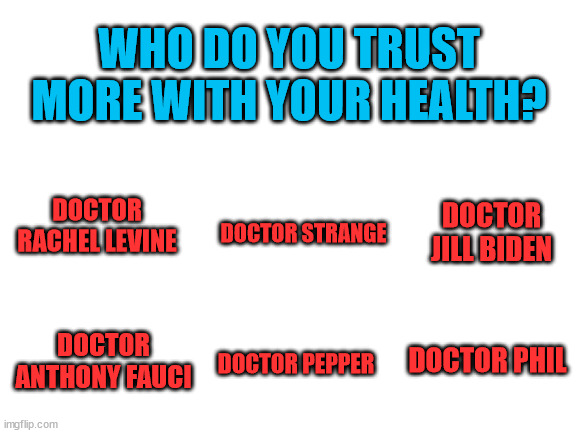 Blank White Template | WHO DO YOU TRUST MORE WITH YOUR HEALTH? DOCTOR RACHEL LEVINE; DOCTOR STRANGE; DOCTOR JILL BIDEN; DOCTOR ANTHONY FAUCI; DOCTOR PHIL; DOCTOR PEPPER | image tagged in blank white template | made w/ Imgflip meme maker