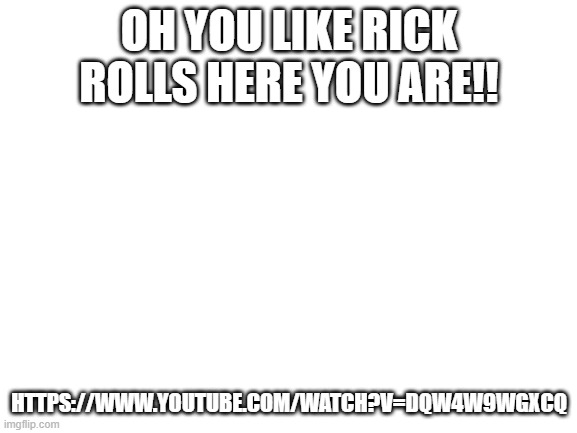 Blank White Template | OH YOU LIKE RICK ROLLS HERE YOU ARE!! HTTPS://WWW.YOUTUBE.COM/WATCH?V=DQW4W9WGXCQ | image tagged in blank white template | made w/ Imgflip meme maker