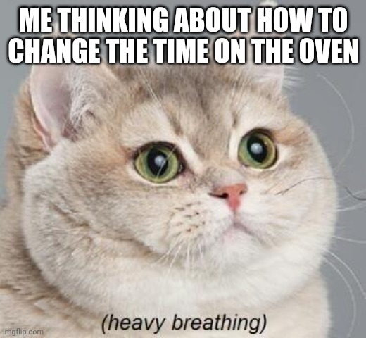 Time change (heavy breathing) | ME THINKING ABOUT HOW TO CHANGE THE TIME ON THE OVEN | image tagged in memes,heavy breathing cat | made w/ Imgflip meme maker