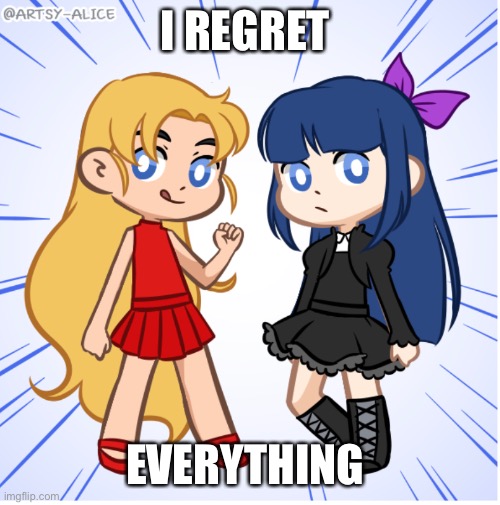 I tried making Panty and Stocking on a Picrew… and failed miserably. (Picrew belongs to original owner.) | I REGRET; EVERYTHING | image tagged in anime,epic fail,shit | made w/ Imgflip meme maker