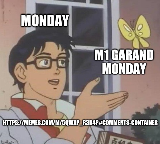 https://memes.com/m/5qWXp_r3d4P#comments-container | MONDAY; M1 GARAND MONDAY; HTTPS://MEMES.COM/M/5QWXP_R3D4P#COMMENTS-CONTAINER | image tagged in memes,is this a pigeon | made w/ Imgflip meme maker