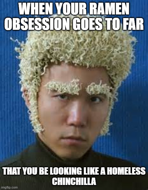 Ramen Noodle | WHEN YOUR RAMEN OBSESSION GOES TO FAR; THAT YOU BE LOOKING LIKE A HOMELESS
CHINCHILLA | image tagged in ramen noodle | made w/ Imgflip meme maker