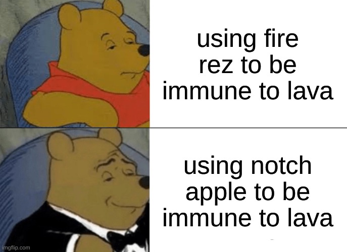 How to be cool: | using fire rez to be immune to lava; using notch apple to be immune to lava | image tagged in memes,tuxedo winnie the pooh,minecraft | made w/ Imgflip meme maker