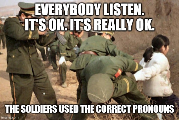 Communist execution | EVERYBODY LISTEN. IT'S OK. IT'S REALLY OK. THE SOLDIERS USED THE CORRECT PRONOUNS | image tagged in communist execution | made w/ Imgflip meme maker