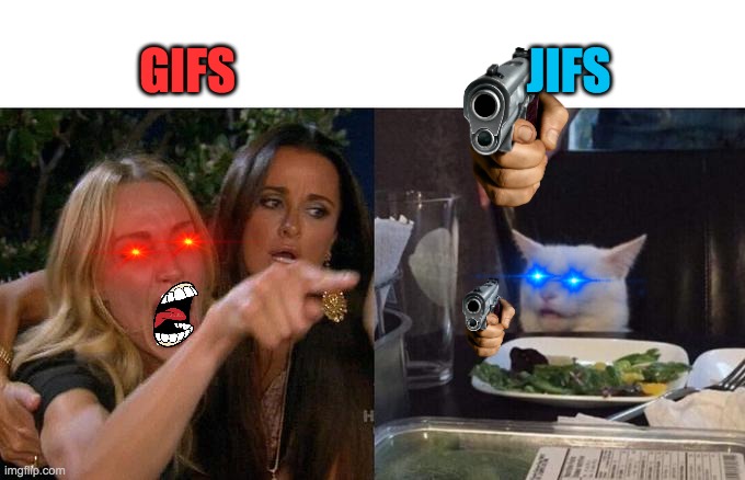 Gifs v. Jifs | GIFS; JIFS | image tagged in memes,woman yelling at cat | made w/ Imgflip meme maker