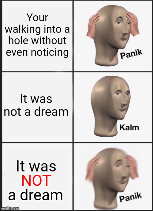 Panik Kalm Panik | Your walking into a hole without even noticing; It was not a dream; It was; NOT; a dream | image tagged in memes,panik kalm panik | made w/ Imgflip meme maker