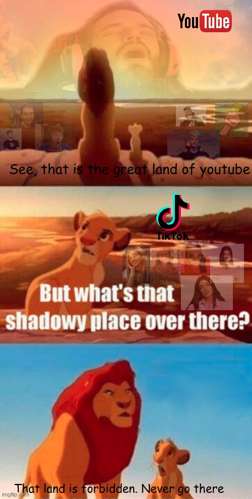 Youtube is the heaven while Tik Tok is the Heck | See, that is the great land of youtube; That land is forbidden. Never go there | image tagged in memes,simba shadowy place,funny,fun,funny memes | made w/ Imgflip meme maker