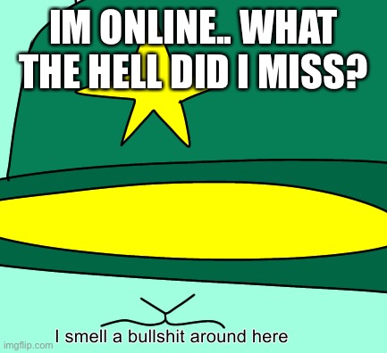 I smell a bs around here | IM ONLINE.. WHAT THE HELL DID I MISS? | image tagged in i smell a bs around here | made w/ Imgflip meme maker