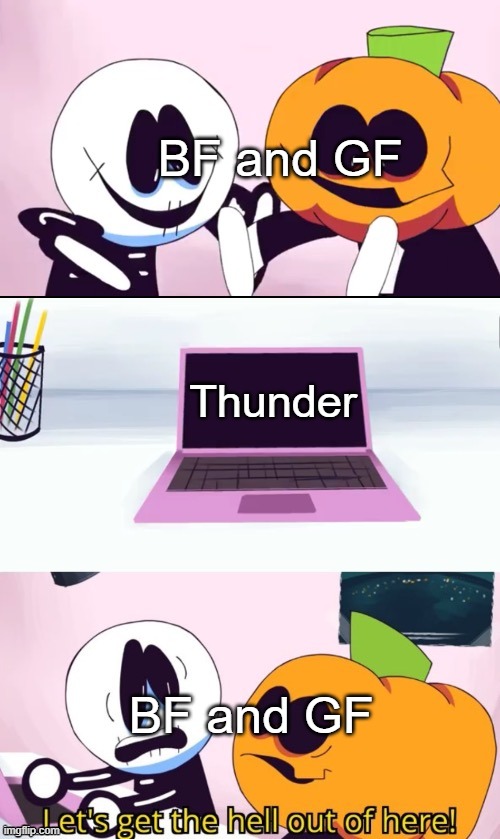 Pump and Skid Laptop |  BF and GF; Thunder; BF and GF | image tagged in pump and skid laptop,friday night funkin | made w/ Imgflip meme maker