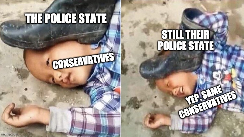 Conservative Police State | THE POLICE STATE; STILL THEIR POLICE STATE; CONSERVATIVES; YEP, SAME CONSERVATIVES | image tagged in pressing a boot on your own head | made w/ Imgflip meme maker