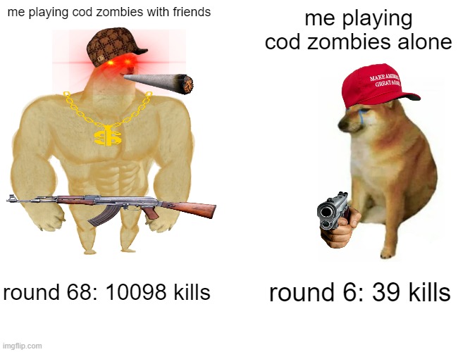 Cod zombies be like... | me playing cod zombies with friends; me playing cod zombies alone; round 68: 10098 kills; round 6: 39 kills | image tagged in meme,buff doge vs cheems,wholesome | made w/ Imgflip meme maker