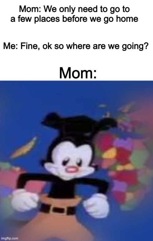 All around the world | Mom: We only need to go to a few places before we go home; Me: Fine, ok so where are we going? Mom: | image tagged in yakko | made w/ Imgflip meme maker