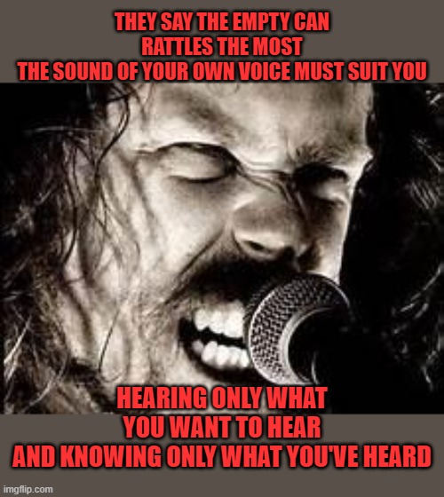 Metallica  | THEY SAY THE EMPTY CAN RATTLES THE MOST
THE SOUND OF YOUR OWN VOICE MUST SUIT YOU HEARING ONLY WHAT YOU WANT TO HEAR
AND KNOWING ONLY WHAT Y | image tagged in metallica | made w/ Imgflip meme maker