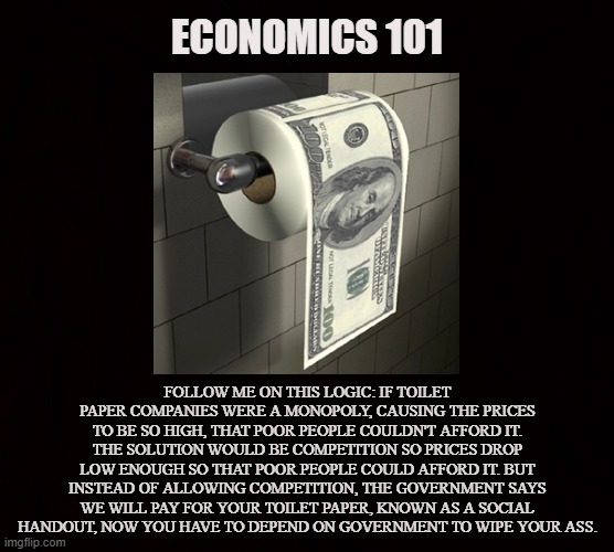 Toilet Paper Insurance | ECONOMICS 101; FOLLOW ME ON THIS LOGIC: IF TOILET PAPER COMPANIES WERE A MONOPOLY, CAUSING THE PRICES TO BE SO HIGH, THAT POOR PEOPLE COULDN'T AFFORD IT. THE SOLUTION WOULD BE COMPETITION SO PRICES DROP LOW ENOUGH SO THAT POOR PEOPLE COULD AFFORD IT. BUT INSTEAD OF ALLOWING COMPETITION, THE GOVERNMENT SAYS WE WILL PAY FOR YOUR TOILET PAPER, KNOWN AS A SOCIAL HANDOUT, NOW YOU HAVE TO DEPEND ON GOVERNMENT TO WIPE YOUR ASS. | image tagged in economics,handouts,toilet paper,monopoly,competition,insurance | made w/ Imgflip meme maker