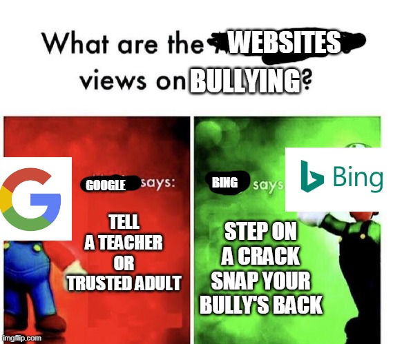 Mario Bros Views | WEBSITES; BULLYING; TELL A TEACHER OR TRUSTED ADULT; BING; GOOGLE; STEP ON A CRACK SNAP YOUR BULLY'S BACK | image tagged in mario bros views,google,bing | made w/ Imgflip meme maker