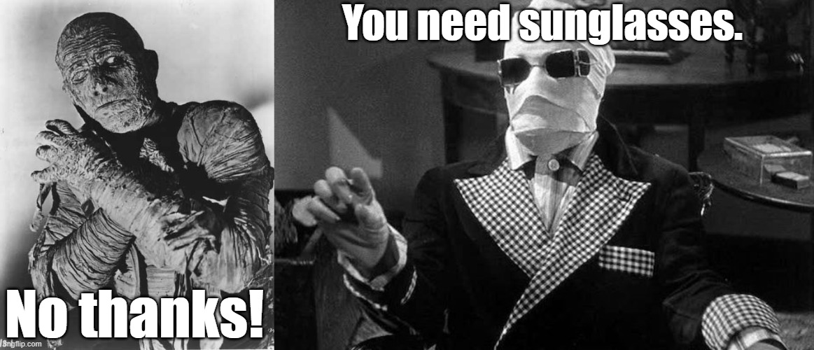 The Invisible Man Meets the Mummy (1936) | You need sunglasses. No thanks! | image tagged in mummys ghost,the invisible man,monsters,black and white,crossover,what if | made w/ Imgflip meme maker