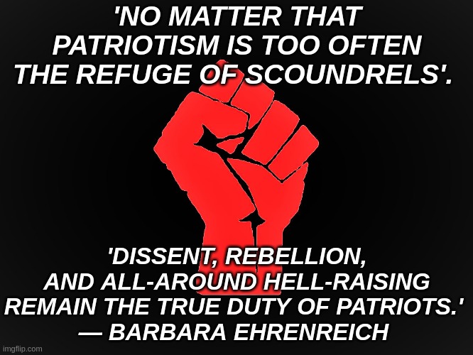 "No matter that patriotism is too often the refuge of scoundrels. Dissent, rebellion, and all-around hell-raising remain the tru | 'NO MATTER THAT PATRIOTISM IS TOO OFTEN THE REFUGE OF SCOUNDRELS'. 'DISSENT, REBELLION, AND ALL-AROUND HELL-RAISING REMAIN THE TRUE DUTY OF PATRIOTS.' 
― BARBARA EHRENREICH | image tagged in resist,patriot,dissent,refuge,scoundrels,rebellion | made w/ Imgflip meme maker