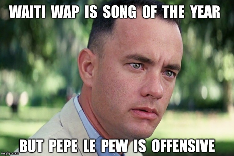 And Just Like That Meme | WAIT!  WAP  IS  SONG  OF  THE  YEAR; BUT  PEPE  LE  PEW  IS  OFFENSIVE | image tagged in memes,and just like that | made w/ Imgflip meme maker