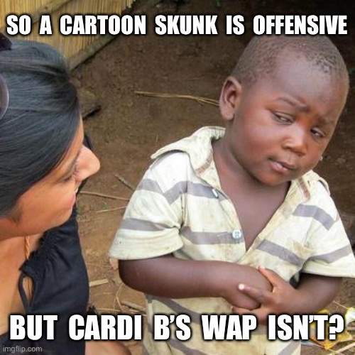 Third World Skeptical Kid Meme | SO  A  CARTOON  SKUNK  IS  OFFENSIVE; BUT  CARDI  B’S  WAP  ISN’T? | image tagged in memes,third world skeptical kid | made w/ Imgflip meme maker