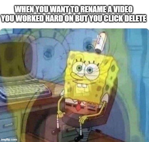 spongebob screaming inside | WHEN YOU WANT TO RENAME A VIDEO YOU WORKED HARD ON BUT YOU CLICK DELETE | image tagged in spongebob screaming inside | made w/ Imgflip meme maker