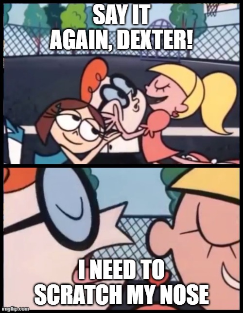 Thi... wait, my nose... | SAY IT AGAIN, DEXTER! I NEED TO SCRATCH MY NOSE | image tagged in say it again dexter | made w/ Imgflip meme maker