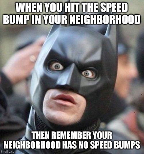 Uh oh | WHEN YOU HIT THE SPEED BUMP IN YOUR NEIGHBORHOOD; THEN REMEMBER YOUR NEIGHBORHOOD HAS NO SPEED BUMPS | image tagged in shocked batman,funny,dark humor,traffic,oof size large,scared cat | made w/ Imgflip meme maker