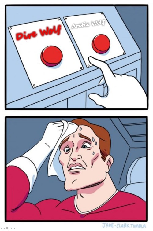 Two Buttons Meme | Arctic Wolf; Dire Wolf | image tagged in memes,two buttons | made w/ Imgflip meme maker