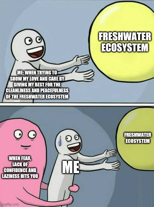 Running Away Balloon | FRESHWATER ECOSYSTEM; ME: WHEN TRYING TO SHOW MY LOVE AND CARE BY GIVING MY BEST FOR THE CLEANLINESS AND PEACEFULNESS OF THE FRESHWATER ECOSYSTEM; FRESHWATER ECOSYSTEM; WHEN FEAR, LACK OF CONFIDENCE AND LAZINESS HITS YOU; ME | image tagged in memes,running away balloon | made w/ Imgflip meme maker