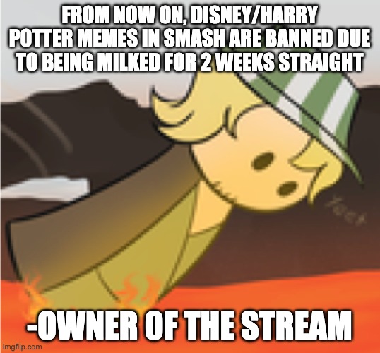Get a life you two, like geez. | FROM NOW ON, DISNEY/HARRY POTTER MEMES IN SMASH ARE BANNED DUE TO BEING MILKED FOR 2 WEEKS STRAIGHT; -OWNER OF THE STREAM | image tagged in philza yeet | made w/ Imgflip meme maker