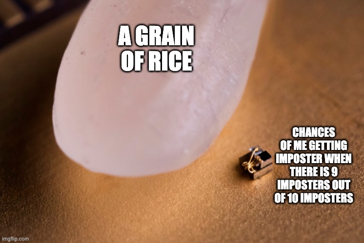 Imposter | A GRAIN OF RICE; CHANCES OF ME GETTING IMPOSTER WHEN THERE IS 9 IMPOSTERS OUT OF 10 IMPOSTERS | image tagged in grain of rice,imposter,among us,rice,funny,xd | made w/ Imgflip meme maker