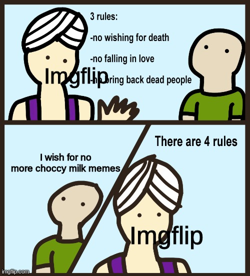 It's True | Imgflip; I wish for no more choccy milk memes; Imgflip | image tagged in genie rules meme | made w/ Imgflip meme maker