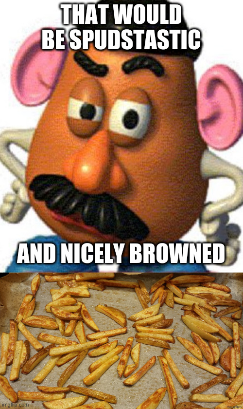 When Mr Potato head really likes something | THAT WOULD BE SPUDSTASTIC AND NICELY BROWNED | image tagged in mr eggplant head,fries,browned | made w/ Imgflip meme maker